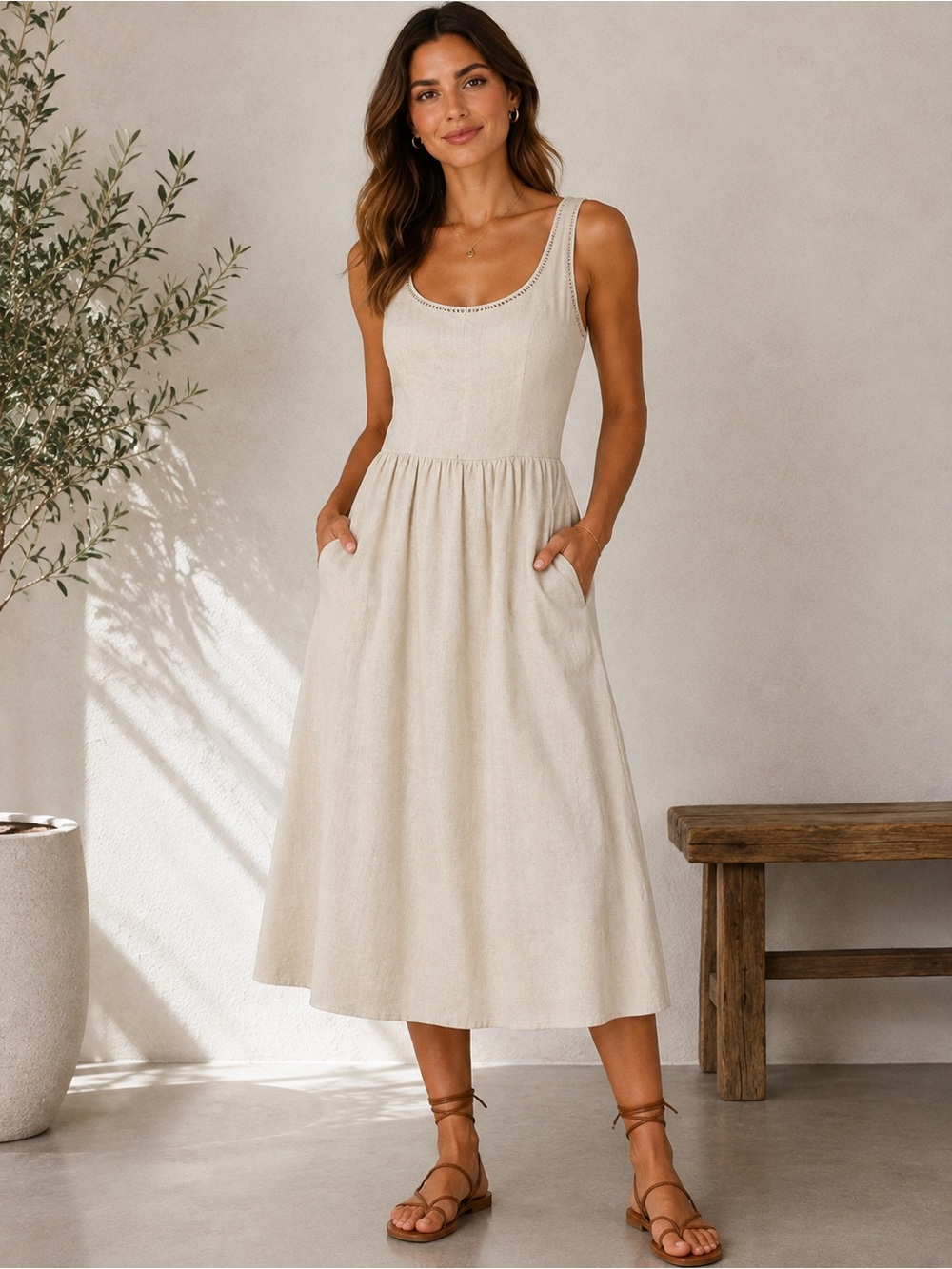 Christian Lacroix Cream Linen Blend Sleeveless Midi Dress with Pockets Size 10